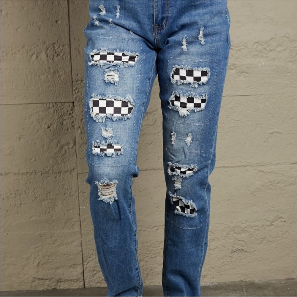 Checkered Patch Distressed Light Blue Jeans - image 1